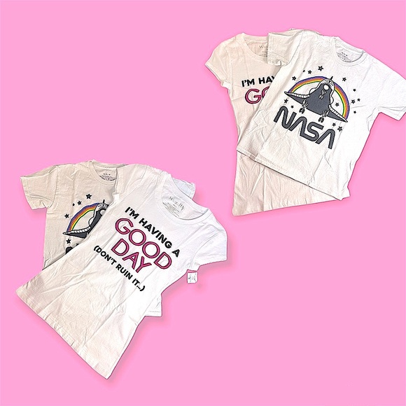 set of 2 white/colorful XS trendy graphic tees wound up and nasa brand - Picture 2 of 5